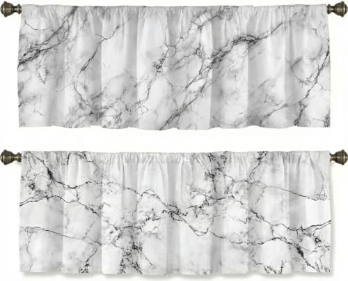 Marble Pattern Curtains, Two-Pack, White Gray Vein Stone Minimalist Texture, Rod Pocket Curtains, Short Style, Suitable for Kitchen, Bathroom, Bedroom, 54x18 inches. - color: Marble