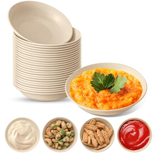 24 Pack 4 oz Soy Sauce Dish Small Dipping Bowls Unbreakable Mini Plastic Bowls Bulk Wheat Straw Dipping Dessert Bowls Dipping Sauce Cups for Soy, Snack, Side Dishes, Ketchup, BBQ(Beige) - color: Beige