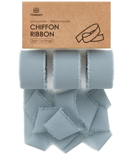 Vitalizart Dusty Blue Chiffon Silk Ribbon 1" x 21 Yd Fringe Fabric Package (3 Rolls * 7 Yd) for Wedding Invitations Bridal Bouquets Decorations Gifts Wrapping & Bow Making - color: Dusty Blue