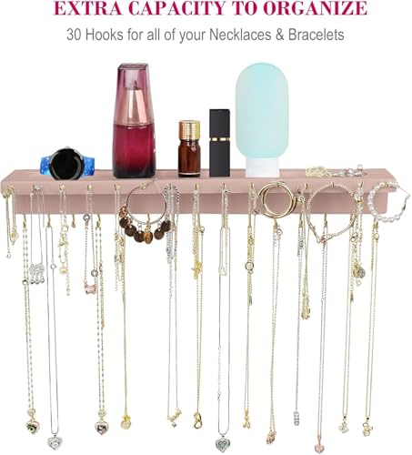 YYILIS Necklace Holder, Upgraded Extra Large Wall Necklace Organizer with 30 Hooks Wall Mounted Necklace Hanger with Jewelry Tray/Cosmetics Shelf Rustic Pine Wood Holder (Pink) - color: Pink