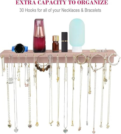 YYILIS Necklace Holder, Upgraded Extra Large Wall Necklace Organizer with 30 Hooks Wall Mounted Necklace Hanger with Jewelry Tray/Cosmetics Shelf Rustic Pine Wood Holder (Pink) - color: Pink