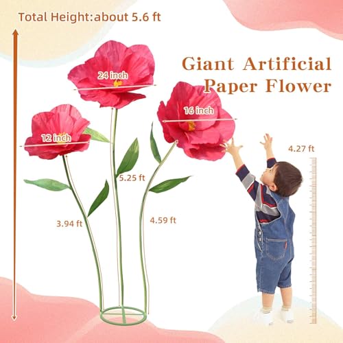 5.9 Ft Large Paper Artificial Flowers,Giant Flowers for Decoration,Standing Huge Handcrafted Poppy Flowers for Garden,Hotel,Office,Photography Props,Wedding,Art Gallery,Shop Window Display(B-Red) - color: B-red