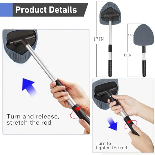 desin Windshield Cleaning Tool, Car Window Cleaner Windshield Cleaner with 4 Reusable and Washable Microfiber Pads and Extendable Handle Auto Inside Glass Wiper - color: Gray