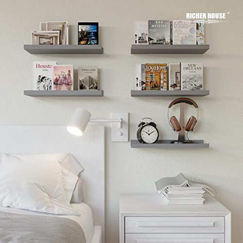 RICHER HOUSE Mounted Shelves for Wall Decor, Modern Picture Ledge Shelf with Lip for Wall Storage Nursery, Bedroom, Living Room, Bathroom - Grey - color: Grey, size: 5pcs*15.75in