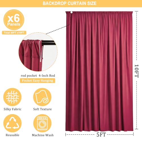 Gallety Red Backdrop Curtain for Wedding, Polyester Photography Backdrop Drapes - 30FT x 10FT Photobooth Backdrop Curtains for Celebration,Birthday,Event,Graduation Party Decorations - color: Red, size: W5' x H10'(6 panels)