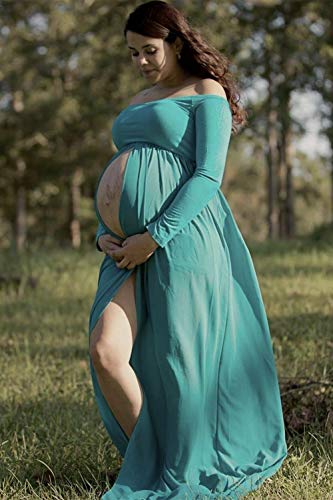 ZIUMUDY Maternity Maxi Chiffon Photography Dress Split Front Gown for Photoshoot - color: Peacock Blue