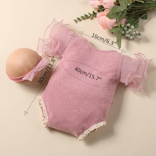 Ylsteed Newborn Photography Outfits Girl Lace Romper with Headband Photo Shoot Outfits Girls Photo Props-Ruffles Cameo - color: Cameo
