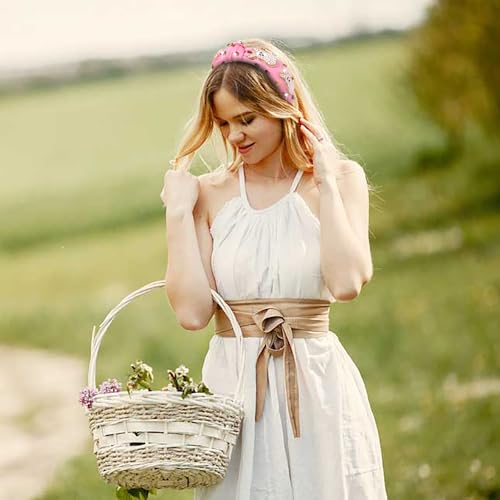NVENF Easter Headband for Women Beaded Rabbit Bunny Headband White Pink Crystal Pearl Knotted Hairband Happy Easter Hair Accessories Spring Holiday Headwear Outfits Gifts (Bunny A - Pink) - color: Bunny A - Pink