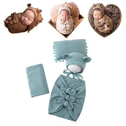 Newborn Baby Boy Girl Photography Props Bow Wrap, Posing Aid, Hat and Blanket Set of 4 Pcs - color: Light Green