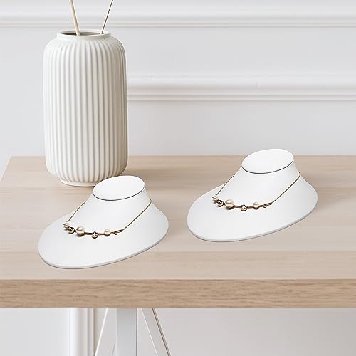 MOOCA Premium Faux Leather Necklace Lay Down Display Stands - Set of 2, Elegant Jewelry Holder, Stand, and Organizer for Necklaces, White Color - color: White Faux Leather