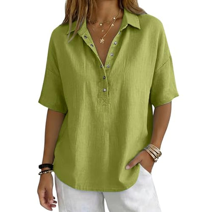 Cotton Linen Shirts for Women 2026 Summer Gauze Shirts Button Down V Neck Half Sleeve Blouses Dressy Casual Clothes - color: Green, size: Small