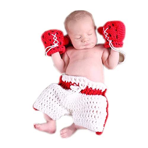 Newborn Photography Props Boys Girls Outfits Baby Photo Props Crochet Knitted Boxing Champion Gloves & Pants - color: White