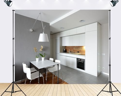 Trykid 7x5ft Modern Kitchen Minimalist Design Neutral Tones Backdrop Interior Scenery Photography Background Home Decor Party Decoration Tapestry Photo Booth Prop Fabric - size: 7x5ft