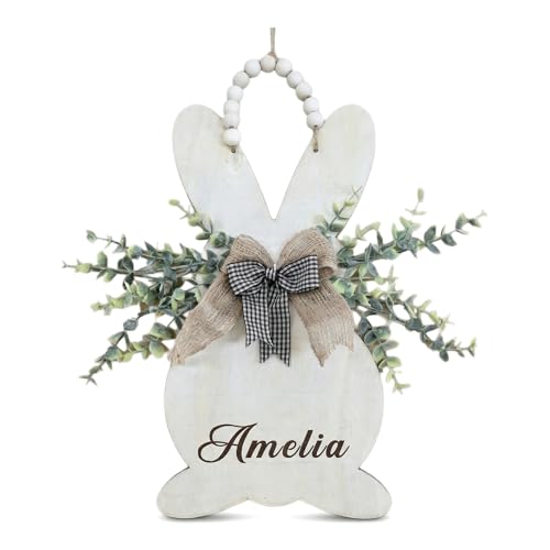Personalized Easter Bunny Front Door Hanger with Bow Custom Wooden Easter Welcome Sign Rustic Farmhouse Wreath Spring Door Decoration for Front Porch Wall Window Garden Indoor Outdoor Decor - color: Color1