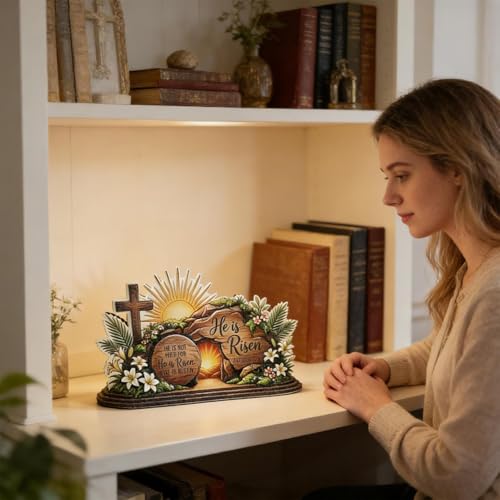 Easter Decorations, Wooden Religious Centerpieces, Standing Desk Display, 5.9x3.6x0.3 Inch Ornament with Cross, Table Décor with Modern Style, Home Accessories for Church Stage Living Room and Bedroom