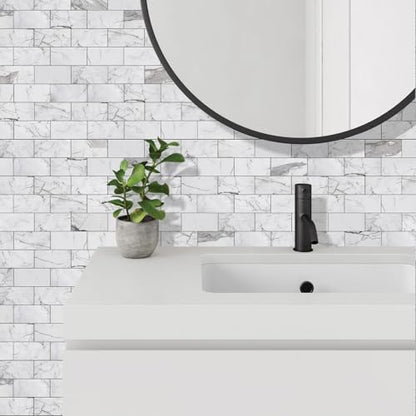 Vamos Tile 100-Piece Glossy Statury White Peel and Stick Backsplash Tile,3''x6'' PVC Subway Tile with Dark Gray Grout, Stick on Backsplash for Kitchen/Bathroom/Fireplace - color: Statury White with Dark Gray Grout