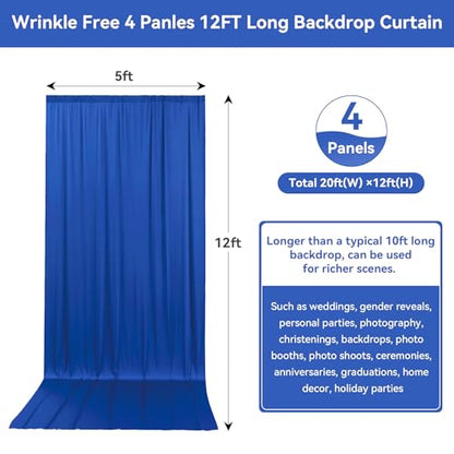 20ftx12ft Wrinkle Free Royal Blue Backdrop Curtain, 4 Panels 12FT Height Royal Blue Wedding Backdrop Drapes, Silky Polyester Back Drop Cloth for Birthday Photography Background Party Backdrop Draping - color: Royal blue, size: W5' x H12'(4 panels)