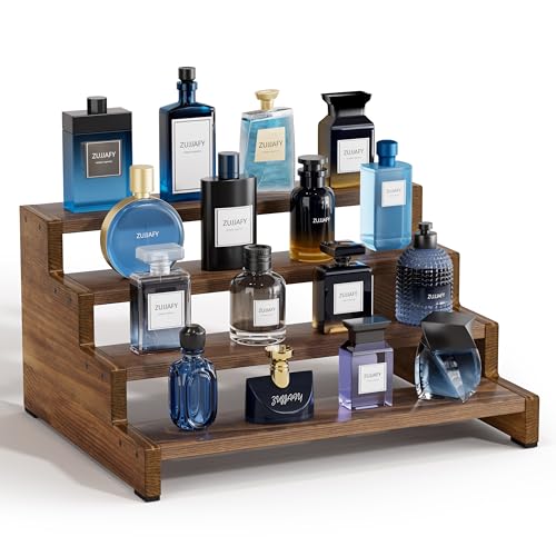 ZUJJAFY Cologne Organizer for Men, 4 Tier Wooden Cologne Stand Mens Fragrance Shelf, Tiered Wood Risers Display Stands for Perfume, Cupcake, Figures, Dessert, Brown - color: Brown