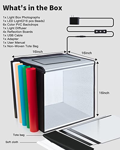 Glendan Light Box Photography, Portable Photo Studio Light Box, 16" x 16" Professional Dimmable Shooting Tent Kit with 216 LED Table Top Light & 6 Backdrops Photo Box for Product Photography - size: 16*16 Inch