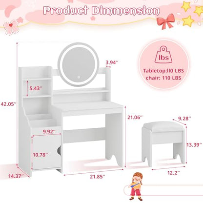 Vabches Kids Vanity with Lights, Princess Makeup Vanity Desk with Open Bookshelf, Storage Cabinet & Shelves, Toddler Vanity Table and Chair Set, Pretend Play Vanity Set for Little Girls, White - style: White