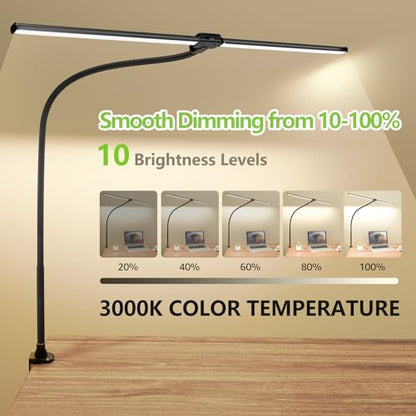 ShineTech LED Desk Lamp for Home Office, 3000K Warm White Double Head Architect Task Lamps with Clamp, Dimmable Adjustable Flexible, Black - color: 3000K- Warm White