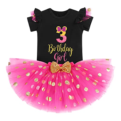 IBTOM CASTLE Cake Smash Half 1st 2nd 3rd Birthday Girl Princess Polka Dots Ruffle Skirt Set ONE Party Costume Headband - color: Rose+black-3rd, size: 3T