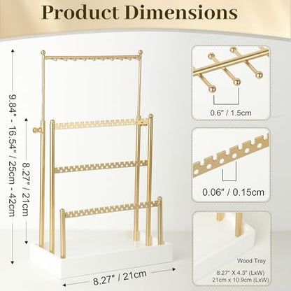 Tirzah 3-Tier Adjustable Earring Necklace Holder Organizer Stand, Gold Jewelry Display Tree with 105 Slots, 10 Double-Sided Hooks, White Tray for Women, Girls - color: Gold & White, for Necklace Earring