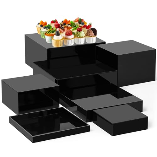 Leinuosen 7 Pcs Large Buffet Risers Set 6" to 12" Acrylic Display Box Catering Dessert Table Riser Food Display Decorative Stand with Hollow Bottom for Catering Supplies(Black, Square) - color: Black, size: 6" to 12", style: Square