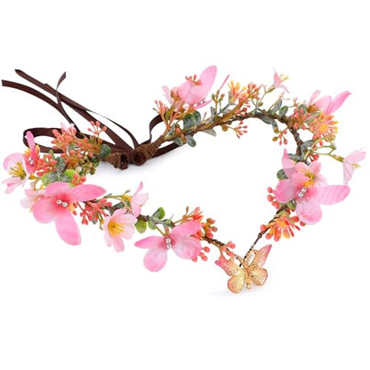 MOSTORY Handmade Fairy Butterfly Crown - Elf Flower Hadpiece Elven Headband for Women s Spring Wedding Maternity Shoot - color: Pink-red