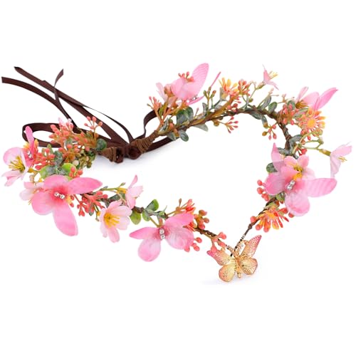 MOSTORY Handmade Fairy Butterfly Crown - Elf Flower Hadpiece Elven Headband for Women s Spring Wedding Maternity Shoot - color: Pink-red