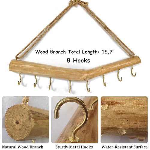 15.7-Inch Rustic Wood Wall Hanging Jewelry Organizer Handmade Natural Wood Logs Branch Decor (Branch with 8 Metal Hooks)
