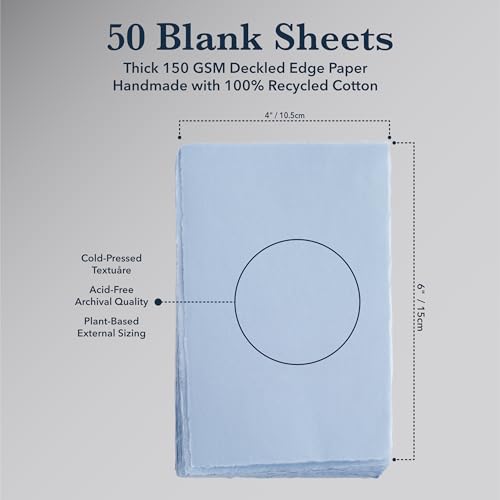 Wanderings 50 Pack Blue A6 Handmade Deckled Edge Cotton Paper - 4x6 - Cold Pressed Texture - Paint, Watercolor, Writing, Printer - Cards, Wedding Invitations, Menus, Arts and Crafts. 150gsm - color: Blue, size: A6
