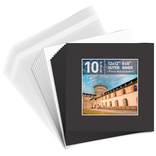 Golden State Art, Pack of 10, Pre-Cut 12x12 Black Picture Mat Kit for 8x8 Photo, 10 White Core Bevel Cut Mattes, 10 Backing Boards and 10 Clear Bags - color: Black, size: 12x12 for 8x8 (10 Pack)