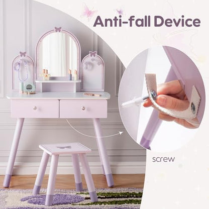 ROBUD Kids Vanity Table and Chair Set, Girls Vanity Set with Mirror, Pretend Play Kids Vanity, Makeup Dressing Table with Drawer and Accessories, Age 3+ (Purple) - color: Purple