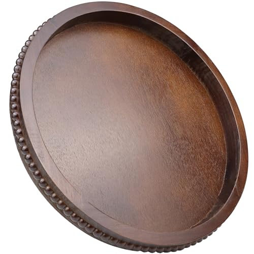 Hrastany Wood Decorative Serving Tray with Bead, Round Vintage Wooden Ottoman Tray for Home Centerpiece, Counter Organizer, 13” Circle Tray for Kitchen, Living Room (Dark Brown) - color: Round Dbrown, size: 13"