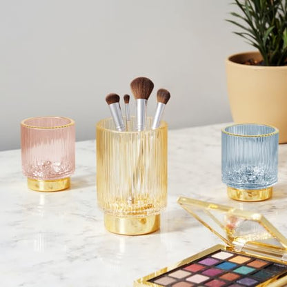 Makeup Brush holder Organizer, Crystal Glass Toothbrush Holders, Striped Make Up Brush Holder for Vanity, Pen Holder for Desk, Vase -Green (S+L) - color: Green