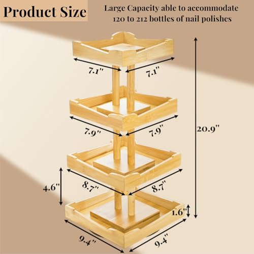 ZAVOOS Nail Polish Organizer, 4 Tier Bamboo Stand Essential Oil Display Rack for 120-212 Bottles, 360° Rotating Large Capacity Cosmetics Storage Shelf Holder for Home Spa, Business Salon