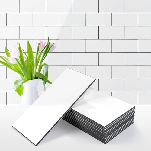 Vamos Tile 100-Piece Glossy Pure White Peel and Stick Backsplash Tile,3''x6'' PVC Subway Tile with Dark Gray Grout,Stick on Backsplash for Kitchen/Bathroom/Fireplace - color: Pure White