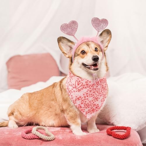 Sadnyy 9 Pcs Valentines Day Dog Outfits Set Puppy Valentines Costume Including Pet Glitter Heart Headband Bandana Triangle Scarf and Heart Shaped Chew Toy for Small Medium Pet Holiday Party