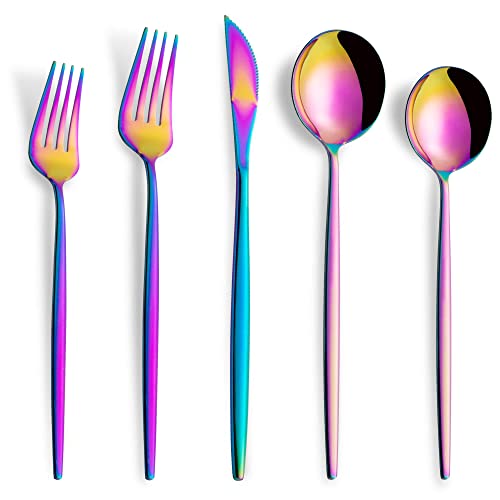 20 Piece Rainbow Silverware Set,Stainless Steel Flatware Cutlery Set Service for 4,Forks Spoons Knives,Kitchen Utensil Set,Tableware for Home and Restaurant, Dishwasher Safe - color: Rainbow, size: 20-Piece