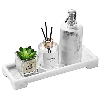 Luxspire Bathroom Vanity Tray, Resin Toilet Tank Tray, Kitchen Trays, 11" x 4" Rectangle Bathroom Tray for Counter, Marble Tray for Soap Dispenser Perfume Jewelry, Small, White Marble - color: B - White Marble, style: Small
