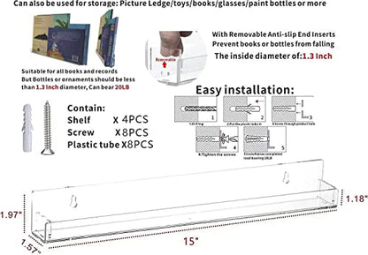 KLGO 15 Inch Invisible Acrylic Floating Wall Ledge Shelf,Wall Mounted Nursery Kids Bookshelf, Invisible Spice Rack, Clear 5MM Thick Bathroom Storage Shelves Display Organizer, Transparent (2 Pack) - size: 15Inch Pack of 2