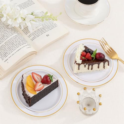 bUCLA 200PCS Gold Plastic Plates - 6.25inch White with Gold Trim Disposable Salad/Dessert/Appetizer/Small Cake Plates, Ideal for Wedding & Party - color: 6.25Inch-200pcs-Gold