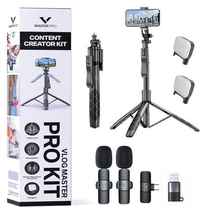 Vlogging Kit for iPhone, YouTube TikTok Podcast Video Recording Starter Kit for Content Creators, Equipment: Full Size Tripod, Phone Stabilizer, Shotgun Microphones & LED Lights