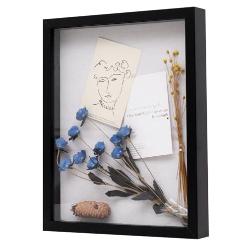 Muzilife 11x14 Shadow Box Picture Frame with Linen Board - Deep Wood & Glass Display Rustic Case Ready to Hang Memorabilia, Pins, Awards, Medals, Wedding, Tickets, and Photos, Black - color: Black, size: 11x14
