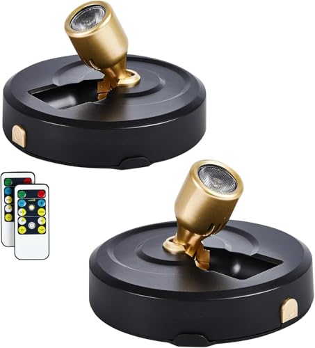 2-Pack Wireless LED Spotlight Battery Operated Picture Lights, Puck Lights with 2 Remote, Dimmable Stick Spotlight with Timmer for Wall Display Painting Dartboard Artwork Accent Closet - color: Black Gold, size: 2 Pack