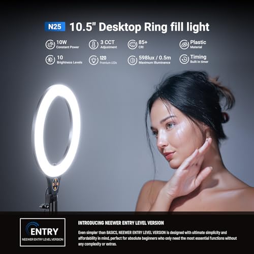 NEEWER Entry Level Version 10.5" Desk Ring Light w Tripod Stand/Phone Holder Compatible with iPhone, Timer/Remote, 10W CRI85+ LED Lighting for Selfie Makeup Streaming Recording Video Conference, N25 - color: Black, size: 10.5"w/Desktop Tripod