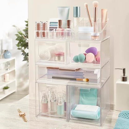 STORi Audrey Clear Vanity Makeup Organizer | 15-Compartment Holder for Brushes, Eyeshadow Palettes, & Beauty Supplies | Stacks on Audrey Storage Drawers | Made in USA - style: Cosmetic Organizer Topper