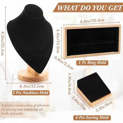 RattanView 7 Pcs Jewelry Display Set for Vendors Velvet Necklace Bust Display Stand Earring Ring Organizer for Craft Shows, Trunk Shows(Black) - color: Black
