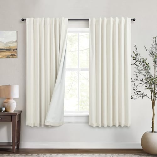 Short Black Out Curtains 54 Inch Long for Bedroom Small Window 2 Panel Back Tab Pocket Lightweight Blackout Insulating Noise Reducing Cooling Curtain for Summer Heat Winter Dining Room Darkening Cream - color: Natural, size: 52"W x 54"L (Pack of 2)